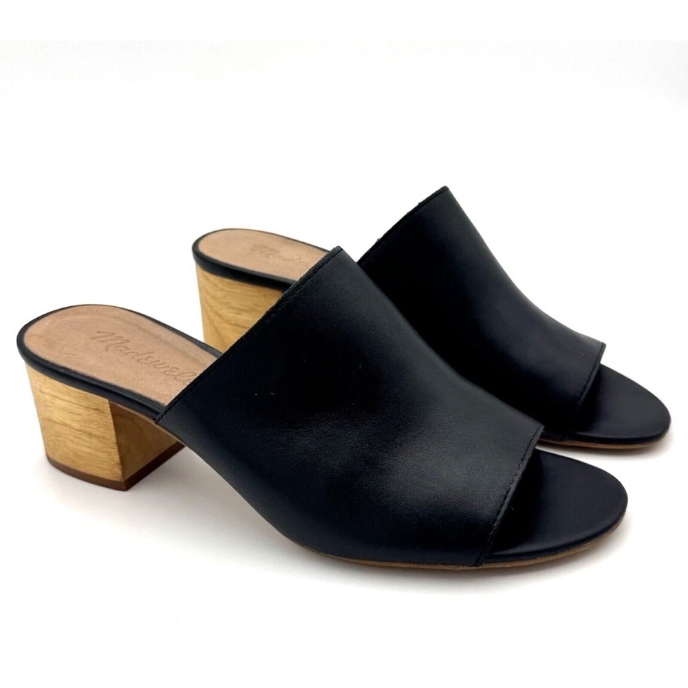Madewell Black Leather Open Toe Block Heel Mules Wood Heel Size 8